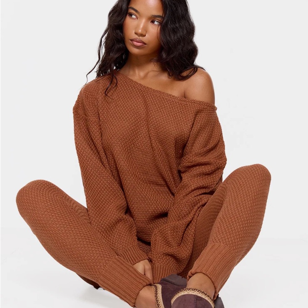 PrettyLittleThing Rust Waffle Knit Lounge Set – Size Large